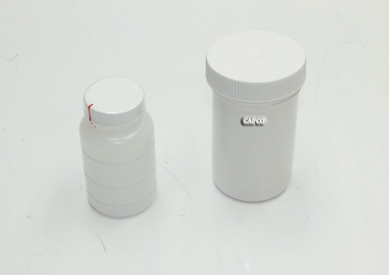 Two white sample bottles with slightly different tops standing next to each other against a white background. 02250138-667 Genuine Part by SULLAIR (R) FLUID SAMPLE BOTTLE - Image 1
