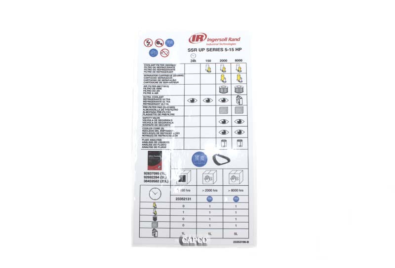 23353196 Ingersoll Rand (OEM) DECAL 23353196 Ingersoll Rand (OEM) DECAL, PARTS/MAINTENANCE SCHEDULE ULTRA - Image 1