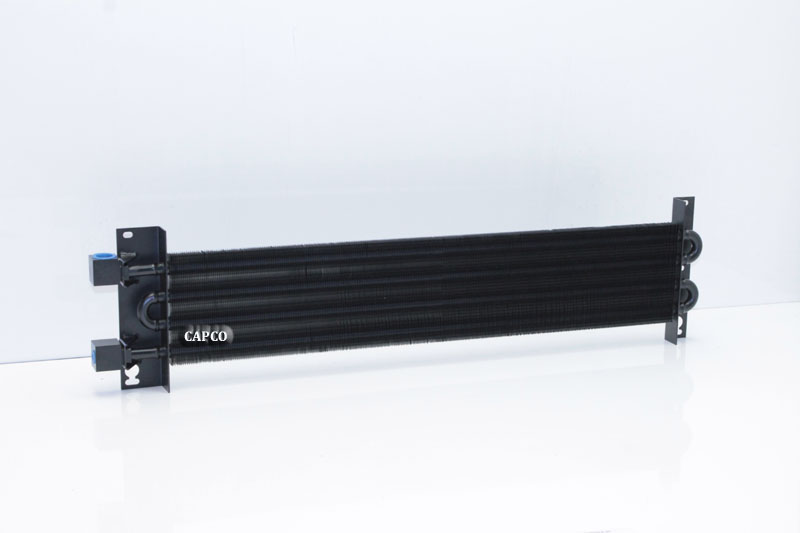 Image of an OEM 32498065 aftercooler modine in black for Ingersoll Rand air compressors laying upright on a flat surface. 32498065 Ingersoll Rand (OEM) COIL, AFTERCOOLER MODINE 2475 7.5 H.P. - Image 1