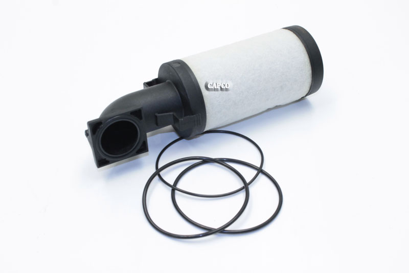 Image of a replacement Ingersoll Rand OEM 88343124 filter element laying flat next to 3 O-rings.|88343124 Ingersoll Rand (OEM)  ELEMENT 88343124 Ingersoll Rand (OEM)  ELEMENT, FILTER IRGP 123 - Image 1